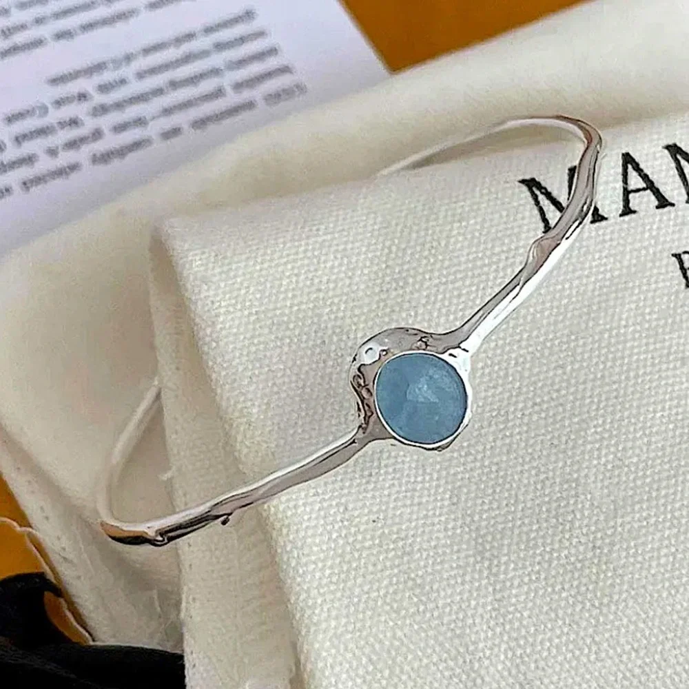 Sterling Silver Aquamarine Bangle Bracelet, Cuff, Blue Topaz, Minimalist - Picture 1 of 7